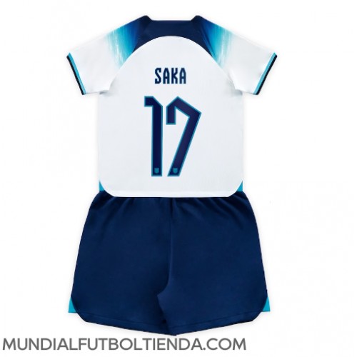 Camiseta Inglaterra Bukayo Saka #17 Primera Equipación Replica Mundial 2022 para niños mangas cortas (+ Pantalones cortos)